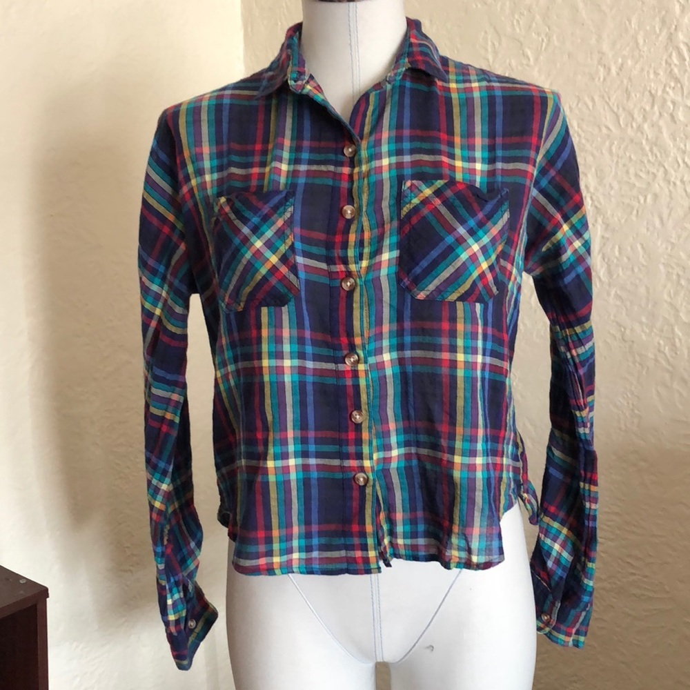 Urban Outfitters BDG Blue Red Yellow Cropped Plaid Button Up Shirt XS